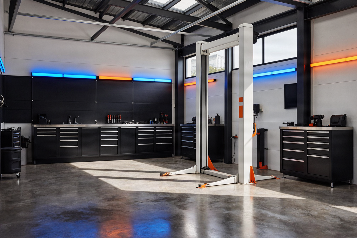 Taller profesional DEVMORENO Garage con iluminaciu00f3n de neu00f3n